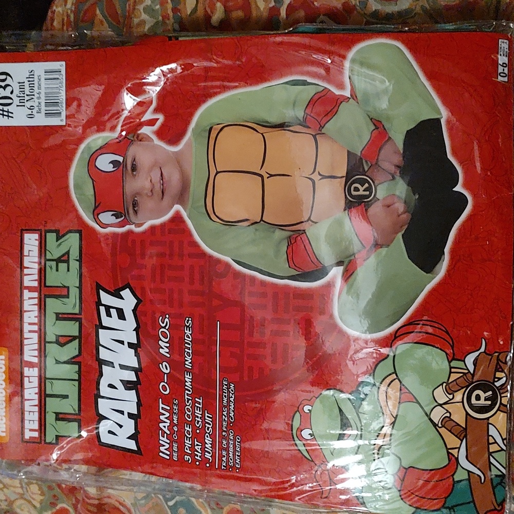 Ninja Turtles Rafael Costume New 0-6 Months Infant 3 piece Hat, Shell, Jumpsuit